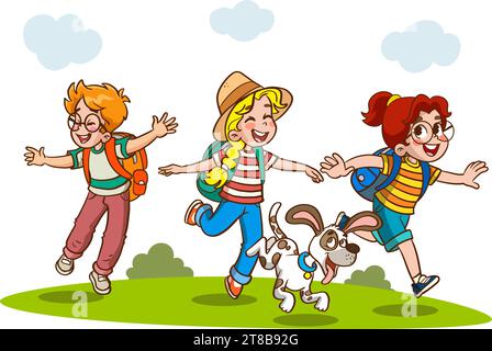 Enfants jouant sur la prairie avec des fleurs. Illustration de dessin animé vectoriel. Illustration de Vecteur