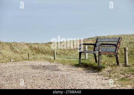 banc en bois sur un chemin de gravier dans les dunes, petite clôture derrière Banque D'Images