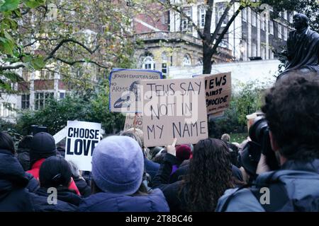 Londres, Royaume-Uni. 19 novembre 2023 Un groupe d’environ 150 manifestants juifs se réunissent dans les Victoria Embankment Gardens pour se faire entendre alors qu’ils défendent la paix en Palestine et une désescalade du conflit en cours depuis les événements du 7 octobre 2023. Na'amod, et Juifs contre génocide sont parmi la foule. © Simon King/ Alamy Live News Banque D'Images