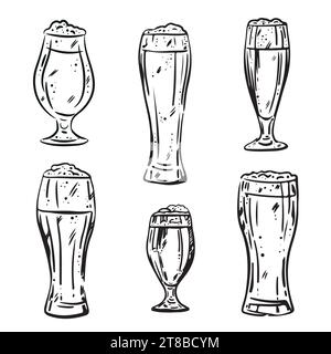 Ensemble de verres à bière et mugs doodle. Brasserie dans le style croquis. Illustration vectorielle dessinée à la main isolée sur fond blanc. Pour la conception de menu, logo ou nous Illustration de Vecteur