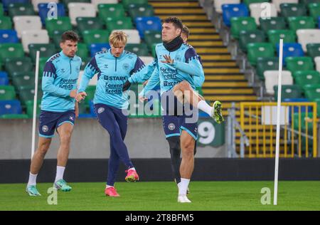 Stade national de football à Windsor Park, Belfast, Irlande du Nord, Royaume-Uni. 19 novembre 2023. L'équipe danoise s'entraîne avant le match de football de demain soir contre l'Irlande du Nord dans leur dernière qualification pour l'Euro 2024. Crédit : David Hunter/Alamy Live News. Banque D'Images
