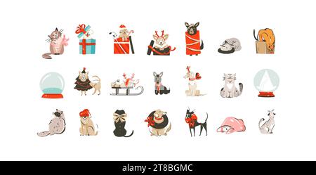 Dessin animé abstrait vectoriel dessiné à la main Joyeux Noël et bonne année éléments d'illustrations clipart ensemble avec chat animal et chiens characters.Merry Illustration de Vecteur
