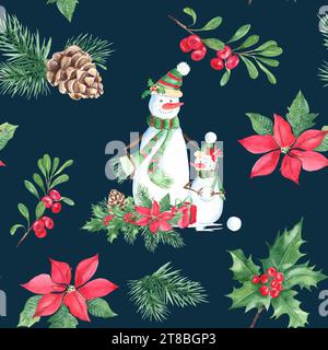 Motif sans couture dessiné à la main de Noël avec la famille mignonne de bonhomme de neige et les plantes d'hiver sur fond bleu foncé. Branches de pin forestier avec cône, houx avec Banque D'Images