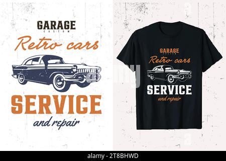 Design rétro Vintage car T-shirt. Graphique de t-shirt vecteur de voiture Old Classic. Modèle de tee-shirt American Classic cars. Illustration de Vecteur