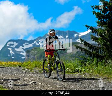 VTT sur un sentier alpin de descente dans le géoparc du Chablais, Montriond, Chablais Alpes, France Banque D'Images
