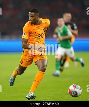 Le Néerlandais Denzel Dumfries lors du match de qualification du groupe B de l'UEFA Euro 2024 au Johan Cruijff Arena, Amsterdam. Date de la photo : Samedi 18 novembre 2023. Banque D'Images