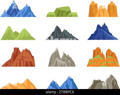 Montagne plate isolée et rochers, collines verdoyantes. Différentes montagnes pour le paysage de la nature. Canyons et pics rocheux, divers vecteur décent abstrait Illustration de Vecteur