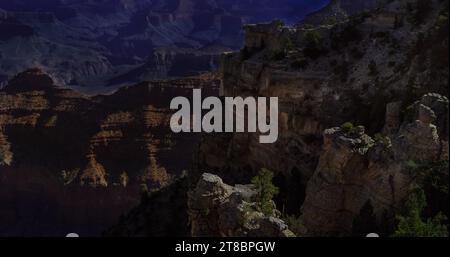 Grand Canyon de Mather point regardant dans la vague du canyon éclairé par la lune juste avant l'aube. Banque D'Images