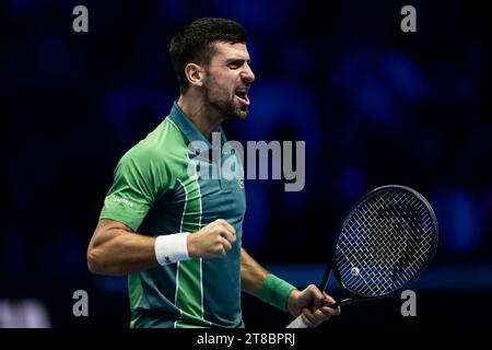 Turin, Italie. 19 novembre 2023. Novak Djokovic, de Serbie, célèbre à la fin du dernier match en simple contre Jannik Sinner, d’Italie, pendant la huitième journée des finales Nitto ATP. Crédit : Nicolò Campo/Alamy Live News Banque D'Images