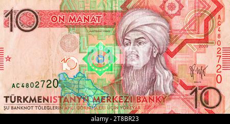 Chef spirituel turkmène, poète philosophique Magtymguly Pyragy (1724 - 1807). Portrait de 10 billets de banque Manat du Turkménistan Banque D'Images