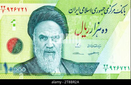 Billet de banque iranien avec portrait de l'ayatollah Ruhollah Khomeini, gros plan Banque D'Images