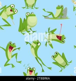 Motif grenouilles. grenouilles heureuses de dessin animé sautant debout assis. Modèle de dessin animé vectoriel pour les enfants sans coutures Illustration de Vecteur