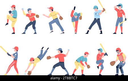 Personnages plats des joueurs de baseball. Jeu des athlètes sportifs américains. Attrapeur, pichet porter des gants et frapper la balle avec la batte. Jeu de vecteurs récents de dessin animé Illustration de Vecteur