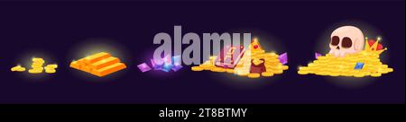 Piles de trésors de pirates d'or de dessin animé. Piles de pièces d'or, pierres précieuses et bijoux royaux. Éléments de jeu d'aventure, crâne, couronne et gemmes vecteur nowaday Illustration de Vecteur