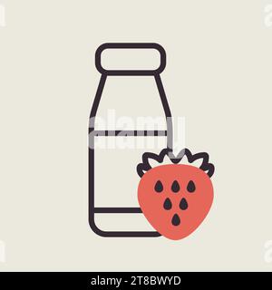 Bouteille de yaourt buvable avec icône vecteur fraise saveur. Enseigne de produits laitiers. Symbole graphique pour la conception de sites Web et d'applications de cuisine, logo, application, interface utilisateur Illustration de Vecteur