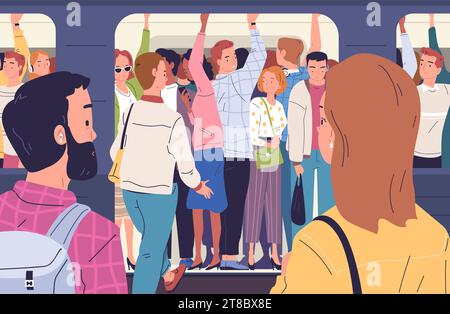 Train de métro bondé. Les navetteurs à l'intérieur du métro occupé à l'heure de pointe, les gens derrière la porte de la fenêtre surpeuplés train de métro ou train plein tram transports publics, illustration vectorielle classe de métro occupé Illustration de Vecteur