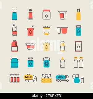 Icône vectorielle de canettes et bouteilles de lait. Panneau produits laitiers. Symbole graphique pour la conception de sites Web et d'applications de cuisine, logo, application, interface utilisateur Illustration de Vecteur