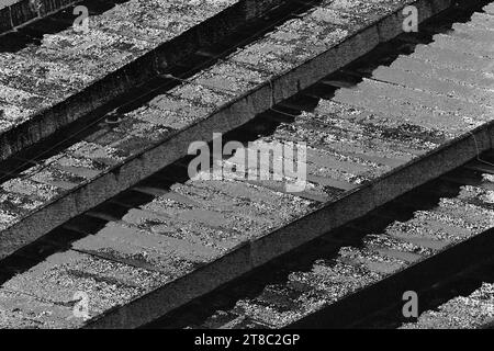 Noir et blanc abstrait des rails et des planches avec texture et lignes prédominent Banque D'Images