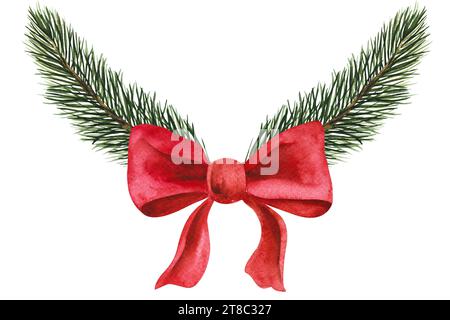 couronne de branches de sapin avec noeud festif rouge. Illustration à l'aquarelle dessinée à la main. Cliparts isolées pour la conception de Noël, compositions du nouvel an Banque D'Images
