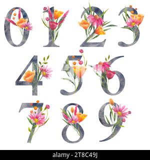 Ensemble de numérique floral à l'aquarelle avec bouquet de fleurs sauvages. Invitations de mariage, carte de voeux, anniversaire, logo, affiche d'autres idées. lettrage pour Banque D'Images