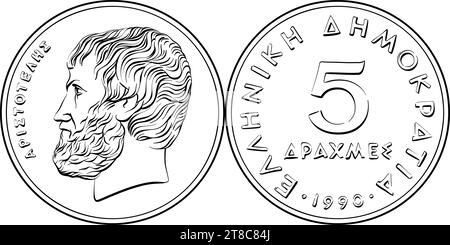 Ensemble vectoriel noir et blanc de monnaie grecque, pièce de 5 drachmes, revers et avers avec Aristote Illustration de Vecteur