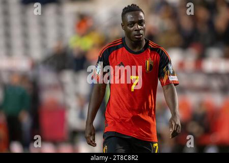 Bruxelles, Belgique. 19 novembre 2023. Jérémy Doku, de Belgique, lors du match du Groupe F du Championnat d'Europe de l'UEFA 2024 entre la Belgique et l'Azerbaïdjan au Stade Roi Baudouin à Bruxelles, Belgique, le 19 novembre 2023 (photo par Andrew SURMA/ crédit : SIPA USA/Alamy Live News Banque D'Images