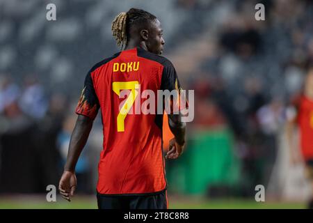 Bruxelles, Belgique. 19 novembre 2023. Jérémy Doku, de Belgique, lors du match du Groupe F du Championnat d'Europe de l'UEFA 2024 entre la Belgique et l'Azerbaïdjan au Stade Roi Baudouin à Bruxelles, Belgique, le 19 novembre 2023 (photo par Andrew SURMA/ crédit : SIPA USA/Alamy Live News Banque D'Images