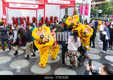 SHEN ZHEN, CHINE - 19 janvier 2023 : l'équipe de danse Lion se déplace pour célébrer le nouvel an chinois à Shenzhen Spring Festival Flower Fair Banque D'Images