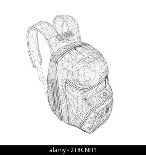 Wireframe d'un grand sac à dos fait de lignes noires isolées sur un fond blanc. Vue isométrique. 3D. Illustration vectorielle. Illustration de Vecteur