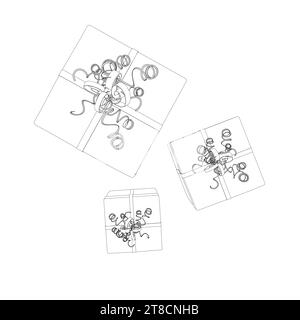 Wireframe de trois boîtes cadeaux avec des rubans faits de lignes noires isolées sur un fond blanc. Visa d'en haut. 3D. Illustration vectorielle. Illustration de Vecteur