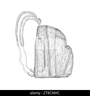 Wireframe d'un grand sac à dos fait de lignes noires isolées sur un fond blanc. Vue latérale. 3D. Illustration vectorielle. Illustration de Vecteur