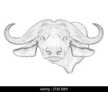 Contour d'une tête de buffle avec de grandes cornes faites de lignes noires isolées sur un fond blanc. Vue avant. Illustration vectorielle. Illustration de Vecteur