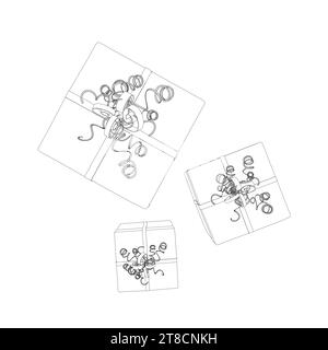 Contour de trois boîtes cadeaux avec des rubans faits de lignes noires isolées sur un fond blanc. Visa d'en haut. Illustration vectorielle. Illustration de Vecteur