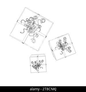 Contour de trois boîtes cadeaux avec des rubans faits de lignes noires isolées sur un fond blanc. Visa d'en haut. Illustration vectorielle. Illustration de Vecteur