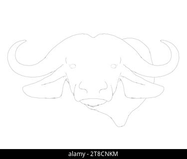 Contour d'une tête de buffle avec de grandes cornes faites de lignes noires isolées sur un fond blanc. Vue avant. Illustration vectorielle. Illustration de Vecteur