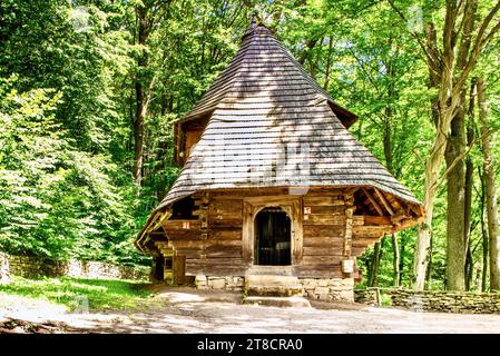 Fragment d'une maison polonaise traditionnelle avec un toit de chaume et une porte en bois peinte dans le style national. Sanok, Pologne. Banque D'Images