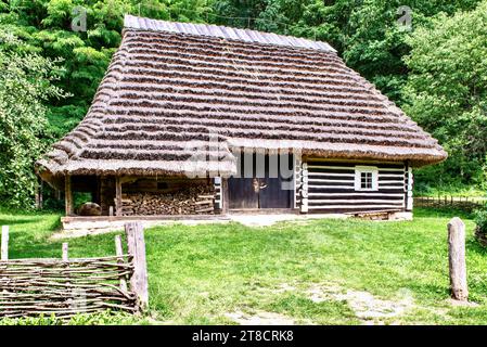 Fragment d'une maison polonaise traditionnelle avec un toit de chaume et une porte en bois peinte dans le style national. Sanok, Pologne. Banque D'Images