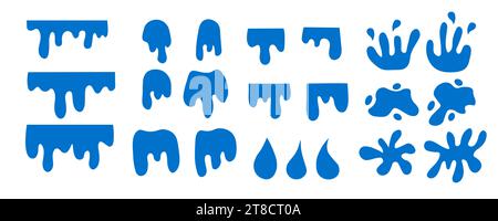 Silhouette splash avec collection de gouttelettes. L'eau forme des gouttes, le liquide éclate des éclaboussures vectorielles dessinées à la main ensemble plat de gouttelette de silhouette, goutte de liquide Illustration de Vecteur
