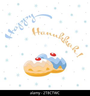 Bannière festive de carte de voeux Hannuka heureuse avec illustration vectorielle colorée de donuts de gelée. Banque D'Images