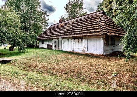 Fragment d'une maison polonaise traditionnelle avec un toit de chaume et une porte en bois peinte dans le style national. Sanok, Pologne. Banque D'Images