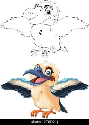 Un oiseau Kookaburra souriant originaire d'Australie se tient avec ses ailes ouvertes et sauvages, isolé sur une illustration de fond blanc Illustration de Vecteur