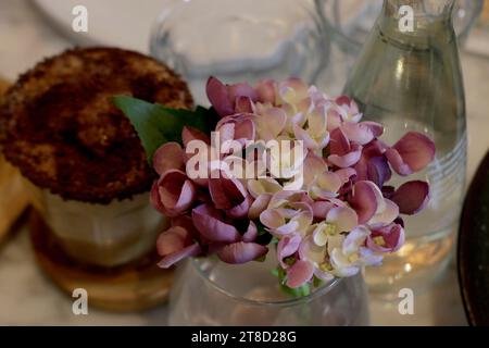 Fleurs d'intérieur dans un vase en verre sur une table Banque D'Images