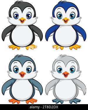 Quatre bébés pingouins de dessin animé sont isolés sur un fond blanc dans un style d'illustration vectorielle Illustration de Vecteur