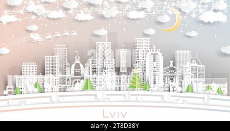 Lviv Ukraine. Horizon hivernal de la ville en papier découpé avec flocons de neige, lune et guirlande de néon. Concept de Noël et de nouvel an. Père Noël sur traîneau. Illustration de Vecteur