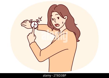 Femme stressée point à la montre se sentant angoissée au sujet de la date limite. Fille inquiet frustrée par le temps manqué ou rendez-vous. Illustration vectorielle. Illustration de Vecteur
