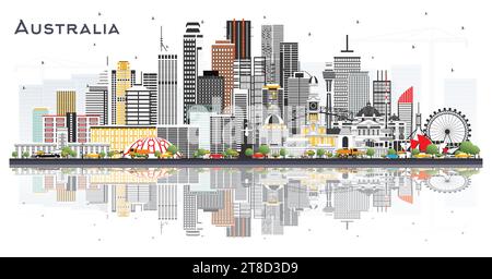 Australia City Skyline avec bâtiments gris et reflets isolés sur blanc. Illustration vectorielle. Concept touristique avec architecture historique. Illustration de Vecteur