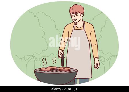 Homme souriant en tablier faisant de la viande sur le gril dans le parc. Bon gars ont plaisir à cuisiner barbecue à l'extérieur. Week-end et détente. Illustration vectorielle. Illustration de Vecteur