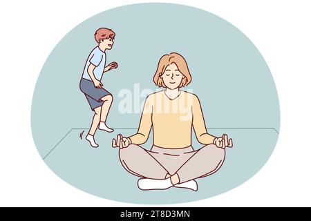 Calme jeune maman méditer à la maison avec l'enfant jouant à proximité. Une femme détendue s'assoit dans la position de lotus pratiquer le yoga distrait de l'enfant méchant. Illustration vectorielle. Illustration de Vecteur