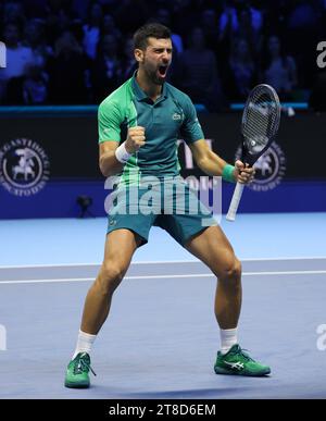 Turin, Italie. 19 novembre 2023. Novak Djokovic célèbre à la fin du dernier match entre Novak Djokovic de Serbie et Jannik Sinner d’Italie au tournoi de tennis ATP finals à Turin, Italie, le 19 novembre 2023. Crédit : Alberto Lingria/Xinhua/Alamy Live News Banque D'Images