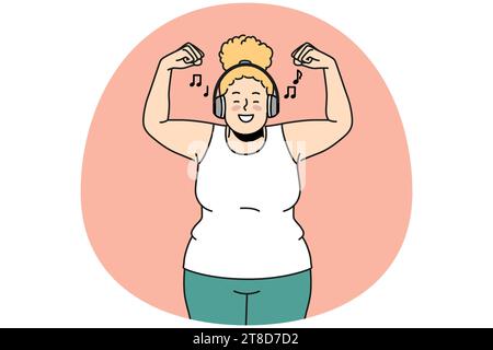 Femme trop joyeuse en surpoids dans le casque écouter de la musique faire du sport. Sourire fille graisse dans les écouteurs profiter d'une bonne formation de son de bonne qualité. Illustration vectorielle. Illustration de Vecteur